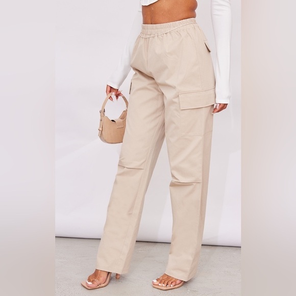 PrettyLittleThing Stone Elasticated Waist Straight Leg Cargo Pants, Size 4 - Picture 2 of 11
